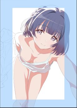 1girl bare_legs braid breasts camisole commentary_request flower gakuen_idolmaster grey_eyes hair_flower hair_ornament hataya_misuzu highres idolmaster looking_at_viewer papiyon1297 purple_hair short_hair small_breasts smile solo sweat thigh_gap thighs