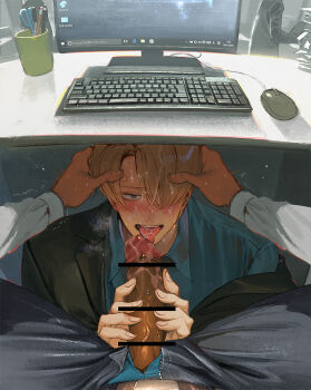 2boys bar_censor blonde_hair blue_eyes blush censored clothing_aside computer computer_keyboard computer_mouse cum cum_on_body cum_on_penis erection feet_out_of_frame fellatio hair_over_one_eye hand_on_another's_head large_penis licking licking_penis looking_at_viewer male_focus male_underwear male_underwear_aside male_underwear_peek multiple_boys nose_blush one_piece open_pants oral pants penis pov pov_crotch public_indecency roronoa_zoro runa_(nori31291404) salaryman saliva sanji_(one_piece) short_hair solo_focus spread_legs sweatdrop tongue tongue_out twitching under_table underwear veins veiny_penis yaoi