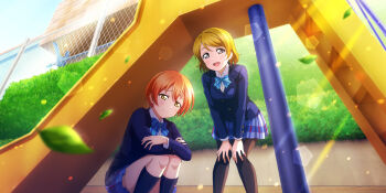 2girls :d apartment arms_on_knees blazer bloom blue_bow blue_bowtie blue_jacket blue_skirt blue_sky blurry blurry_foreground blush bokeh bow bowtie breasts brown_hair building chain-link_fence closed_mouth crossed_arms depth_of_field diagonal-striped_bow diagonal-striped_bowtie diagonal-striped_clothes dress_shirt evening falling_leaves feet_out_of_frame fence from_below furrowed_brow grass hair_between_eyes hands_on_own_knees highres hoshizora_rin jacket koizumi_hanayo laundry_pole leaf leaning_forward legs_folded lens_flare light_particles light_rays long_sleeves looking_at_another looking_down love_live! love_live!_school_idol_festival_all_stars love_live!_school_idol_project medium_breasts miniskirt multiple_girls narrowed_eyes official_art open_mouth orange_hair otonokizaka_school_uniform outdoors park pigeon-toed plaid_clothes plaid_skirt plant pleated_skirt purple_eyes raised_inner_eyebrows sad school_uniform shirt short_hair sidelighting skirt sky slide smile squatting striped_bow striped_bowtie striped_clothes sunbeam sunlight teeth upper_teeth_only white_shirt winter_uniform