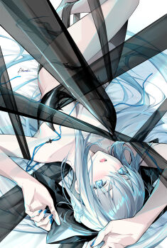 1girl black_bra black_panties blue_eyes blue_nails blush bow bra braid breasts commentary_request fate/grand_order fate_(series) grey_hair hair_between_eyes hair_bow half_up_braid highres kousaki_rui large_breasts long_hair long_sleeves looking_at_viewer morgan_le_fay_(fate) open_mouth original panties ponytail see-through_body sidelocks solo thighs underwear upside-down very_long_hair white_hair