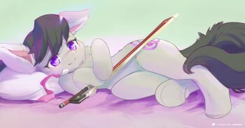 Rule 34 | 1girl, :3, ancesra, animal focus, artist name, bed sheet, blush, bow (music), closed mouth, cutie mark, detached collar, female focus, full body, green background, green hair, hands up, happy, highres, holding, holding bow (music), hooves, light blush, long hair, looking at viewer, lying, my little pony, neck ribbon, no humans, octavia melody, on side, own hands together, patreon logo, patreon username, pillow, pink ribbon, pony (animal), ponytail, purple eyes, redrawn, ribbon, simple background, smile, snout, solo, split mouth, swept bangs, treble clef, undone neck ribbon, watermark, web address