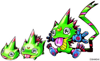 blue_gloves crescent digimon digimon_(creature) full_body gecko gekkomon gloves green_tail kekkomon kekomon official_art red_hair simple_background spiked_hair tongue tongue_out white_background