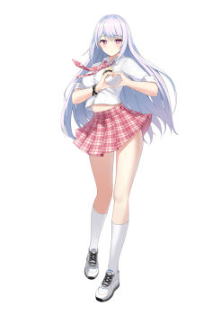 1girl absurdres badge bracelet breasts bright_pupils closers collared_shirt contrapposto full_body heart heart_hands highres idol jewelry kneehighs large_breasts light_smile long_hair looking_at_viewer midriff_peek miniskirt mirae_(closers) necktie official_art pink_eyes pink_necktie pink_skirt plaid_clothes plaid_necktie plaid_skirt pleated_skirt school_uniform shirt shoes short_sleeves simple_background skirt sneakers socks solo standing star_bracelet tachi-e very_long_hair white_background white_hair white_pupils white_shirt white_shoes white_socks