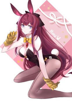 1girl animal_ears arknights bare_shoulders black_leotard bow bowtie breasts character_name commentary_request detached_collar front-seamed_legwear gloves hair_bow highres hiiragi_(hiragi_w_p_e) leotard long_hair looking_at_viewer pantyhose pantyhose_under_leotard playboy_bunny purple_eyes purple_hair rabbit_ears rabbit_girl rabbit_tail ray_(arknights) seamed_legwear solo strapless strapless_leotard tail yellow_bow yellow_bowtie yellow_gloves