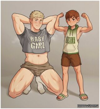 2boys age_difference armpit_hair armpit_peek armpits arms_up blonde_hair brown_eyes brown_hair chilchuck_tims dungeon_meshi feet flexing gym_shirt gym_shorts halfling highres hood hoodie japanesebonustrack kneeling laios_touden looking_at_viewer male_focus multiple_boys sandals shirt short_shorts shorts shota size_difference sleeveless sleeveless_hoodie socks sweaty_clothes toes yellow_eyes