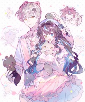 1boy 1girl :d absurdres animal baby_animal bai_yang_zi bird blue_hair blue_shirt blush_stickers brown_hair cat cat_hair_ornament chibi chibi_inset chick closed_mouth diagonal-striped_clothes diagonal-striped_necktie dog dress frilled_dress frills grey_hair hair_intakes hair_ornament highres holding holding_animal long_hair long_sleeves multicolored_hair necktie open_mouth original pink_dress pink_necktie shirt short_hair sleeves_past_fingers sleeves_past_wrists smile streaked_hair striped_clothes two-tone_hair watermark white_background wing_collar yellow_eyes