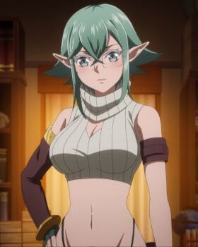 1girl breasts cleavage cleavage_cutout clothing_cutout elf fingerless_gloves glasses gloves green_eyes green_hair hand_on_own_hip highres large_breasts legs looking_at_viewer navel pointy_ears salaryman_ga_isekai_ni_ittara_shitennou_ni_natta_hanashi short_hair solo stitched sylphid_(salaryman_ga_isekai_ni_ittara_shitennou_ni_natta_hanashi) thighs third-party_edit thong whale_tail_(clothing)
