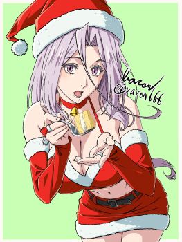 bare_shoulders baron_(varon666) bent_over bra breasts choker christmas closed_mouth collarbone cowboy_shot fur-trimmed_bra fur_trim fuuto_tantei green_background hat highres holding holding_spoon kamen_rider kamen_rider_w large_breasts purple_eyes purple_hair red_bra red_choker red_hat red_shorts santa_hat shorts simple_background spoon tokime_(fuuto_tantei) underwear