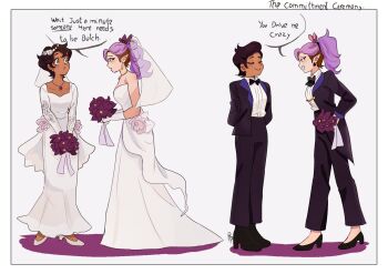 2girls amity_blight black_bow black_bowtie black_jacket black_pants black_shoes black_suit bouquet bow bowtie brown_hair commentary dress earrings english_text flower formal_clothes hand_on_own_hip hashtag-only_commentary high_heels highres holding holding_bouquet jacket jewelry long_hair luz_noceda meme multiple_girls necklace pants pointy_ears purple_flower purple_hair realyskp shirt shoes simple_background smile someone_here_needs_to_be_butch_(meme) speech_bubble suit the_owl_house tuxedo undercut wedding_dress white_background white_dress white_shirt wife_and_wife yuri