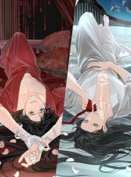 2boys alternate_costume alternate_hairstyle bare_pectorals barefoot bdsm bed bed_sheet bishounen black_eyes black_hair bound bound_arms bound_wrists chinese_clothes collarbone couple curtains gearous grey_eyes hair_down hair_spread_out hanfu holding holding_ribbon indoors lan_wangji long_hair looking_at_viewer lying male_focus modao_zushi multiple_boys nipples official_art on_back on_bed parted_lips pectoral_cleavage pectorals petals pillow pink_petals red_hanfu red_ribbon red_sheet ribbon robe smile split_screen tassel third-party_source upside-down wei_wuxian white_hanfu white_petals white_ribbon wide_sleeves yaoi yellow_eyes