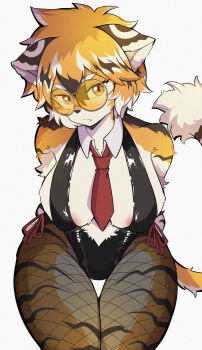 1girl absurdres animal_ears arknights black_leotard blonde_hair breasts cleavage closed_mouth coldsyrup collar detached_collar fishnet_pantyhose fishnets furry furry_female highres large_breasts leotard looking_at_viewer necktie pantyhose red_necktie solo tail tiger_ears tiger_girl tiger_tail waai_fu_(arknights) white_collar yellow_eyes yellow_fur