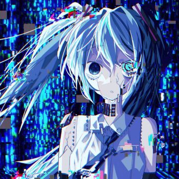 1girl :o abstract_background aqua_eyes aqua_hair breasts chromatic_aberration commentary crack crying detached_sleeves glitch hair_between_eyes hatsune_miku highres long_hair looking_at_viewer loose_wires medium_breasts necktie open_mouth pixelated shirt solo standing static twintails upper_body very_long_hair vocaloid wire yami_kawaii zer0h