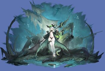 1girl absurdres azur_lane black_coat black_hat black_panties breasts cannon coat colored_tongue full_body green_eyes green_nails green_tongue grey_hair hair_over_one_eye hat heterochromia highleg highleg_panties highres holding holding_lantern holding_weapon lantern logo mast medium_breasts navel non-web_source official_art open_mouth panties pirate_hat rigging royal_james_(azur_lane) skindentation solo stomach tentacles thighhighs underwear weapon white_thighhighs yellow_eyes