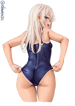 1girl adjusting_clothes ass blue_eyes blush breasts cropped_legs ebifurya from_behind hair_between_eyes hashtag-only_commentary highres kantai_collection long_hair looking_at_viewer looking_back one-hour_drawing_challenge one-piece_swimsuit open_mouth ro-500_(kancolle) school_swimsuit simple_background small_breasts solo swimsuit tan tanline twitter_username white_background