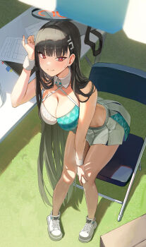 1girl absurdres alternate_costume black_hair black_halo blue_archive blush breasts chair cleavage closed_mouth commentary crop_top desk folding_chair from_above hair_ornament hairpin hallo_(rltkdydrltk) halo halterneck highres large_breasts leaning_forward long_hair looking_at_viewer millennium_cheerleader_outfit_(blue_archive) miniskirt paper red_eyes revision rio_(blue_archive) skirt smile solo sweat thighs very_long_hair white_skirt