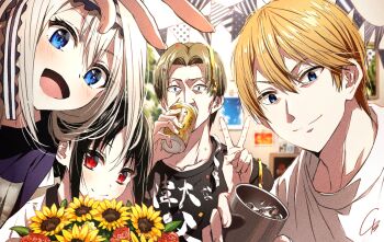 2boys 2girls 4b-enpitsu bags_under_eyes black_shirt blonde_hair blue_eyes bouquet brother_and_sister commentary cup english_commentary father&#039;s_day father_and_daughter father_and_son flower hair_between_eyes highres holding holding_bouquet ice ice_cube indoors kaguya-sama_wa_kokurasetai_~tensai-tachi_no_renai_zunousen~ light_blush long_hair looking_at_viewer multiple_boys multiple_girls open_mouth red_eyes shinomiya_kaguya shirogane_chichi shirogane_kei shirogane_miyuki shirt short_hair shorts siblings sidelocks smile sunflower v white_hair white_shirt