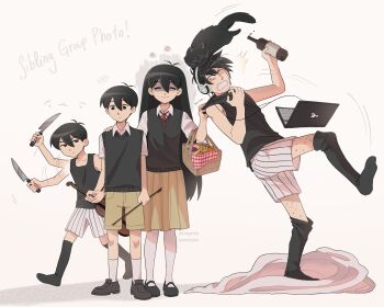 1girl 3boys ^^^ ^_^ absurdres alternate_skin_color anger_vein animal animal_on_head antenna_hair banana bare_arms bare_shoulders black_boots black_cat black_eyes black_hair black_shoes black_socks black_sweater_vest black_tank_top boots bottle bow_(music) bright_pupils brown_shorts brown_skirt cat cat_on_head clenched_teeth closed_eyes closed_mouth collarbone collared_shirt commission computer double-parted_bangs elbow_carry english_text facial_hair facing_viewer food frown fruit full_body grapes grey_pupils hair_between_eyes highres holding holding_bottle holding_bow_(music) holding_instrument holding_knife holding_violin instrument kneehighs knife laptop leg_hair loafers long_hair looking_at_another mari_(faraway)_(omori) mari_(omori) mary_janes medium_skirt mewo multiple_boys multiple_persona neck_ribbon no_sclera no_shoes notice_lines omori omori_(omori) omoriboy on_head orange_(fruit) over-kneehighs picnic_basket pleated_skirt red_ribbon ribbon shaded_face shadow shirt shoes shorts shrimperini simple_background skirt smile socks standing standing_on_one_leg straight_hair striped_clothes striped_shorts sunny_(omori) sweater_vest tank_top teeth thighhighs v-shaped_eyebrows vertical-striped_clothes vertical-striped_shorts very_long_hair violin white_shirt white_shorts white_socks