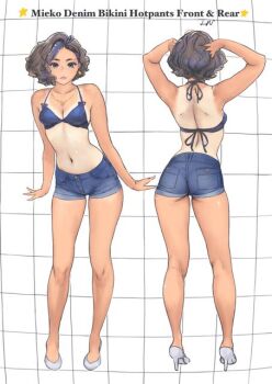 1girl ass bikini blue_bikini blue_shorts breasts brown_eyes brown_hair carina_(xiaowoo) character_name collarbone commentary_request denim denim_shorts english_text facing_away full_body grid_background halterneck hands_up high_heels jewelry kishi_mieko looking_at_viewer medium_breasts multiple_views navel necklace one-piece_tan onna_shunin_kishi_mieko reference_sheet shoes short_shorts shorts standing swimsuit tan tanline white_shoes