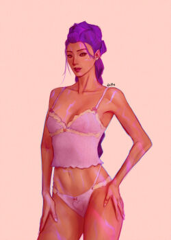 Rule 34 | 1girl, artist name, body markings, bow, bra, braid, braided ponytail, breasts, bustier, commentary, cowboy shot, dutch braided ponytail, earrings, english commentary, hands on own hips, heart, heart panties, heart print, highres, jewelry, kpop demon hunters, lingerie, long hair, looking at viewer, navel, panties, pink lips, print panties, purple bustier, purple hair, purple panties, quentims, red eyes, rumi (kpop demon hunters), small breasts, underwear, underwear only