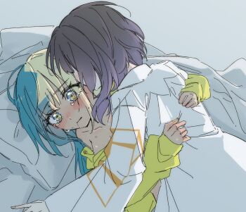 2girls aqua_hair bed blonde_hair blush canari_(pokemon) coat dark-skinned_female dark_skin girl_on_top gwynn_(pokemon) highres hug long_sleeves multicolored_hair multiple_girls nintendo on_bed pokemon pokemon_legends:_z-a purple_hair sakizome short_hair split-color_hair tears two-tone_hair white_coat yuri