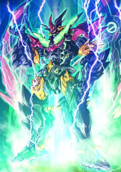 crossover electricity fusion getter_robo getter_robo_(classic) glowing glowing_eyes gotou_masayuki highres lightning mazinger_(series) mazinger_z mazinger_z:_infinity mazinger_z_(mecha) mecha mecha_focus no_humans robot shin_getter-1 shin_getter_robo shin_getter_robo_vs_neo_getter_robo shin_mazinger_shougeki!_z-hen solo space super_robot wings yellow_eyes