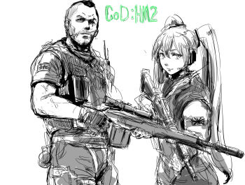1boy 1girl armlet assault_rifle battle_rifle belt call_of_duty call_of_duty:_modern_warfare_2 crossover greyscale gun hatsune_miku jewelry long_hair looking_at_viewer m14 monochrome oekaki osakana_(denpa_yun&#039;yun) rifle short_sleeves simple_background soap_(modern_warfare_2) soap_mactavish suppressor twintails uniform very_long_hair vocaloid weapon white_background