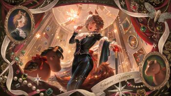 1girl ahoge alternate_costume animal_ears black_hat black_pants black_shirt breasts brown_eyes brown_fur brown_hair cane commentary english_commentary from_below hair_between_eyes hat highres holding holding_cane horse_ears horse_girl horse_tail indie_virtual_youtuber indoors jewelry large_breasts long_sleeves looking_at_viewer necklace open_mouth pants pearl_necklace picture_frame red_ribbon ribbon shirt short_hair smile standing sword tail tomoe_umari top_hat umarmy_(tomoe_umari) valtear virtual_youtuber weapon white_hair