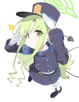 1girl :/ belt black_belt blue_archive blue_boots blue_hat blue_jacket blue_skirt boots buttons commentary demon_tail double-breasted dutch_angle from_above full_body gloves green_hair hat highres hikari_(blue_archive) jacket long_hair looking_at_viewer pantyhose pleated_skirt shako_cap shirt simple_background skirt solo standing tail very_long_hair wavy_hair white_background white_gloves white_pantyhose white_shirt yellow_eyes zhugul0804