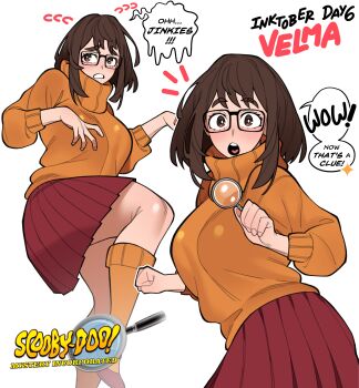 1girl absurdres ass blush boku_no_hero_academia breasts brown_eyes brown_hair copyright_name cosplay english_text female_focus highres holding holding_magnifying_glass long_sleeves looking_at_viewer loopvoid magnifying_glass matching_hair/eyes medium_breasts multiple_views open_mouth orange_socks orange_sweater pleated_skirt red_skirt scooby-doo scooby-doo!_mystery_incorporated sidelocks skirt socks speech_bubble sweater teeth thighs tongue upper_teeth_only uraraka_ochako velma_dinkley velma_dinkley_(cosplay)