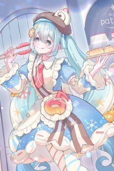 Rule 34 | 1girl, absurdres, apron, aqua eyes, aqua hair, asymmetrical legwear, blue bow, blue dress, blue pantyhose, blue sleeves, blush, bow, bowtie, brown hat, closed mouth, commentary request, dessert, detached sleeves, double-parted bangs, dress, dress bow, food, food-themed clothes, food-themed hat ornament, foot out of frame, frilled apron, frills, fur-trimmed dress, fur-trimmed sleeves, fur trim, hair between eyes, hair ornament, hat, hat ornament, hatsune miku, highres, holding, holding tongs, holding tray, long hair, long sleeves, looking at viewer, lulu hikikomoru, mismatched legwear, necktie, official alternate costume, official alternate hairstyle, pantyhose, pink necktie, pink pantyhose, puffy short sleeves, puffy sleeves, short sleeves, smile, snowflake print, solo, striped clothes, striped pantyhose, tongs, tongue, tongue out, tray, twintails, two-tone sleeves, very long hair, vocaloid, wavy hair, white apron, white bow, wide sleeves, yuki miku, yuki miku (2026)