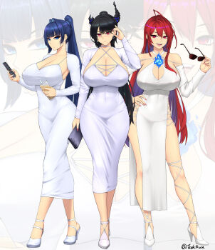 absurdres ahoge alternate_hairstyle arm_up asymmetrical_horns black_hair blue_eyes blue_fire blue_hair breasts bubble_tea cellphone cleavage closed_mouth colored_inner_hair covered_navel cup demon_horns dongtan_dress dress elizabeth_rose_bloodflame fire fire_on_chest full_body hair_intakes hand_on_own_hip high_heels high_ponytail highres holding holding_cup holding_phone hololive hololive_english horns large_breasts long_hair looking_at_viewer mole mole_under_eye multicolored_hair nerissa_ravencroft open_mouth ouro_kronii pencil_dress phone ponytail red_eyes red_hair ryu_seung smartphone smile standing sunglasses taut_clothes tight_clothes tight_dress two-tone_hair very_long_hair virtual_youtuber white_dress zoom_layer