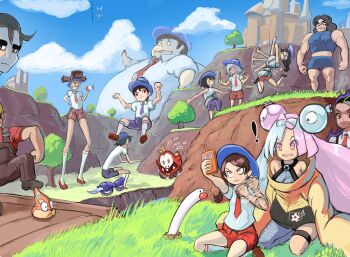 ! bow-shaped_hair buizel character_hair_ornament commentary crossover engineer_(tf2) english_commentary florian_(pokemon) fuecoco gen_4_pokemon glitch hair_ornament hexagon_print highres iono_(pokemon) jacket juliana_(pokemon) larry_(pokemon) miraidon multiple_girls nemona_(pokemon) nintendo pokemon pokemon_sv profitshame red_engineer_(tf2) rotom rotom_phone sharp_teeth single_leg_pantyhose team_fortress_2 teeth very_long_sleeves wiglett x_(symbol) yellow_jacket