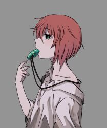 Rule 34 | 1girl, absurdres, bags under eyes, delfuze, from side, green eyes, grey background, hatori chise, highres, jewelry, looking at viewer, looking to the side, mahou tsukai no yome, mouth hold, necklace, necklace in mouth, off shoulder, red hair, shirt, short hair, simple background, solo, upper body, white shirt