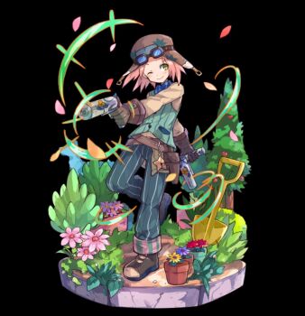 Rule 34 | 1boy, belt, black background, blush, brown belt, brown hat, brown shoes, closed mouth, dual wielding, flower, flower pot, full body, goggles, goggles on headwear, grass, green eyes, green pants, green vest, gun, hat, highres, holding, holding gun, holding weapon, holster, long sleeves, merc storia, merc storia art team, official art, one eye closed, pants, pink flower, pink hair, senecio (merc storia), shirt, shoes, short hair, simple background, smile, solo, standing, striped clothes, tachi-e, tree, vest, weapon, yellow shirt