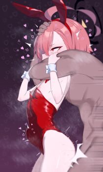 1boy 1girl absurdres animal_ears asphyxiation blue_archive braid clothed_female_nude_male fake_animal_ears flat_chest hetero highres loli neru_(blue_archive) neru_(bunny)_(blue_archive) nude playboy_bunny rabbit_ears red_eyes red_hair sex sex_from_behind single_braid solo_focus stomach_bulge tai_mian_meng_meng