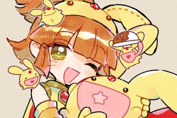 Rule 34 | 1girl, ;d, arle nadja, bare shoulders, blunt bangs, blush, carbuncle (puyopuyo), commentary request, doradorakingyo, grey background, hat, looking at viewer, one eye closed, open mouth, orange hair, portrait, puyopuyo, puyopuyo quest, shirt, short hair, simple background, smile, yellow eyes, yellow hat, yellow shirt