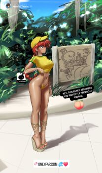 1girl ass blue_eyes braid braided_ponytail earrings feet genderswap high_heels highres instagram jewelry linkartoon long_hair long_legs onlyfans parody ranma-chan ranma_1/2 red_hair saotome_ranma solo stomach thong toes