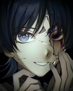 Rule 34 | 1boy, black hair, blood, blood from forehead, blunt ends, bright pupils, cracked kawaii mask, empty eyes, eyelashes, eyeliner, eyeshadow, genshin impact, grey nails, hands up, highres, looking at viewer, makeup, male focus, parted lips, portrait, purple blood, purple eyes, red eyeliner, red eyeshadow, ringed eyes, scaramouche (genshin impact), solo, tsurime, w02 14, white mouth, white pupils, wispy bangs