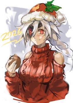 2026 bare_shoulders blazblue blush bogdanza_l braid breasts eyepatch hair_between_eyes hashtag-only_commentary hat highres large_breasts long_hair nu-13 red_eyes red_sweater santa_hat smile sweater turtleneck turtleneck_sweater white_background white_hair