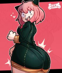 anya_(spy_x_family) anya_forger ass dress eden_academy_school_uniform hair_ornament highres huge_ass kyojiri_loli looking_at_viewer open_mouth patateroart pink_hair school_uniform short_dress short_hair smile spy_x_family
