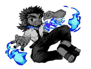 Rule 34 | 1boy, bara, beard, black hair, blue fire, chibi, chibi only, chinstrap beard, cigarette, commentary, dark-skinned male, dark skin, deformed, english commentary, facial hair, facial scar, fire, forked eyebrows, full body, greyscale, highres, looking at viewer, male focus, mature male, mestses, monochrome, muscular, muscular male, necktie, pectorals, sandayu (housamo), sanpaku, scar, scar on cheek, scar on face, smirk, soles together, solo, spot color, thick eyebrows, tokyo houkago summoners