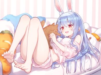 1girl :d absurdres alternate_costume animal animal_ear_fluff animal_ears barefoot blue_hair blush breasts carrot-shaped_pillow cat commentary commission couch highres hiraga_matsuri holding holding_animal holding_cat hololive knees_up long_hair looking_at_animal lying medium_breasts on_back on_couch open_mouth orange_eyes pajamas pink_shirt pink_shorts rabbit-shaped_pillow rabbit_ears rabbit_girl shirt shorts skeb_commission smile solo thick_eyebrows usada_pekora virtual_youtuber
