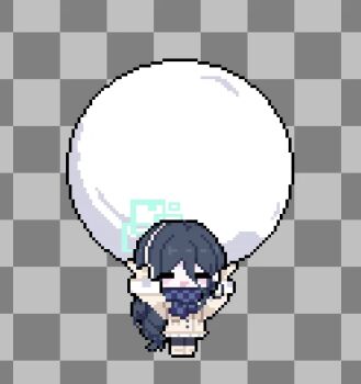 Rule 34 | 1girl, :d, aqua halo, aris (blue archive), aris (winter) (blue archive), arms up, black hair, black outline, black pantyhose, blue archive, blue scarf, boots, braid, brown boots, brown coat, brown hairband, brown mittens, buttons, checkered background, checkered clothes, checkered scarf, chibi, chibi only, chinese commentary, closed eyes, coat, commentary request, earmuffs, fake transparency, full body, fur-trimmed sleeves, fur trim, grey background, hair between eyes, hairband, halo, holding, holding snowball, long hair, long hair between eyes, long sleeves, low-braided long hair, low-tied long hair, mittens, nahisaaaa, official alternate costume, official alternate hairstyle, open mouth, outline, oversized object, pantyhose, pixel art, rectangular halo, scarf, single braid, skirt, smile, snowball, solo, very long hair, white skirt, winter clothes, winter coat