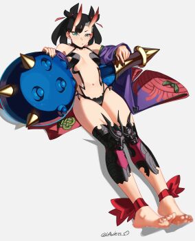 Rule 34 | 1girl, absurdres, ankle bow, ankle ribbon, artist name, asymmetrical bangs, barefoot, black hair, black nails, bow, breasts, censored, censored feet, closed mouth, cosplay, earrings, eyelashes, fate/grand order, fate (series), feet, full body, green eyes, grey background, highres, horns, japanese clothes, jewelry, kimono, l4wless, leaning back, leg armor, leg ribbon, legs, looking at viewer, marnie (pokemon), multicolored kimono, nail polish, navel, nintendo, pointing, pointing down, pokemon, pokemon swsh, purple kimono, red bow, red kimono, revealing clothes, ribbon, shadow, short hair, shuten douji (fate), shuten douji (fate) (cosplay), simple background, sitting, skin-covered horns, small breasts, solo, stud earrings, thighs, toenail polish, toenails, toes, twitter username, weapon