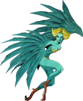 1girl absurdres blonde_hair celaeno_(megami_tensei) colored_skin demon_(megami_tensei) earrings feathered_wings feathers full_body green_feathers green_skin green_wings harpy highres jewelry kazuma_kaneko monster_girl official_art shin_megami_tensei shin_megami_tensei_ii simple_background smile solo talons third-party_source transparent_background wings