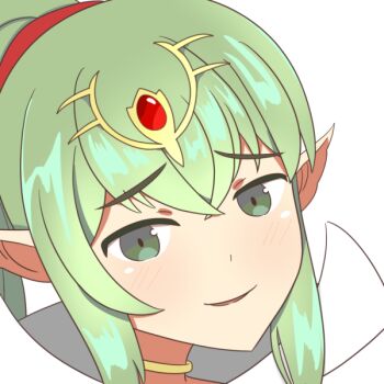 1girl blush emoticon fire_emblem fire_emblem_awakening fire_emblem_heroes green_eyes green_hair naughty_face nintendo orbiculare pointy_ears ponytail reaction smug solo tiara tiki_(adult)_(fire_emblem) tiki_(fire_emblem)