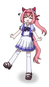 1girl animal_ears blush bow ear_bow ear_covers hairband haru_urara_(umamusume) headband highres horse_ears horse_girl horse_tail long_hair nakashiro116 open_mouth pink_hair pink_headband ponytail red_headband school_uniform shirt smile solo tail tracen_school_uniform umamusume