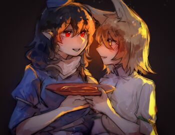 2girls :d animal_ears blue_dress blurry cup dark_background depth_of_field dress eye_contact fox_ears hair_between_eyes hat highres holding holding_cup iizunamaru_megumu kudamaki_tsukasa light_brown_hair long_hair looking_at_another molajiyan multiple_girls open_mouth pointy_ears profile red_eyes romper sakazuki sharing sidelighting smile tokin_hat touhou white_romper yuri