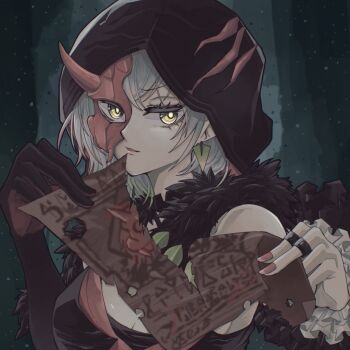 1girl artist_request breasts diabellstar_the_black_witch earrings fingernails gloves green_eyes green_hair grey_hair half_mask highres hood hood_up jewelry large_breasts mask multicolored_hair poster red_mask tagme wanted_poster yu-gi-oh!