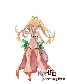 >_o 1girl arm_up bandaged_wrist bandages bangs_pinned_back banjo bard bare_shoulders bikini black_bikini blonde_hair blush breasts closed_mouth clothing_cutout copyright_name crotchless crotchless_pants dark-skinned_female dark_skin dress earrings english_text flat_chest flats forehead full_body halterneck hand_on_own_hip harem_outfit highres holding holding_instrument instrument jewelry leaf licking_lips liliana_masquerade long_hair looking_at_viewer navel official_art one_eye_closed ootsuka_shin'ichirou orange_shoes pants re:zero_kara_hajimeru_isekai_seikatsu see-through_clothes see-through_pants shoes simple_background smile solo standing swimsuit thigh_cutout title tongue tongue_out twintails v v-shaped_eyebrows white_background white_pants yellow_eyes